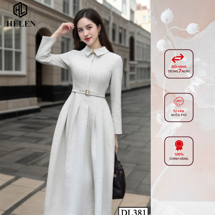 Đầm liền công sở HELEN thiết kế dáng xòe màu ghi sáng cổ đức + kèm đai DL381