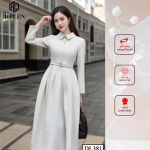 Đầm liền công sở HELEN thiết kế dáng xòe màu ghi sáng cổ đức + kèm đai DL381