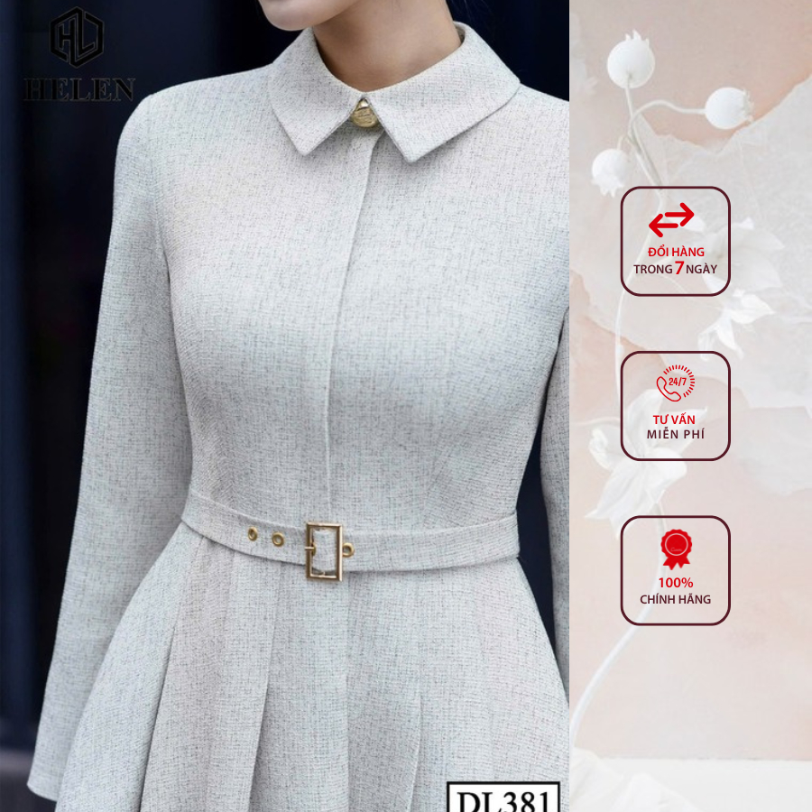 Đầm liền công sở HELEN thiết kế dáng xòe màu ghi sáng cổ đức + kèm đai DL381