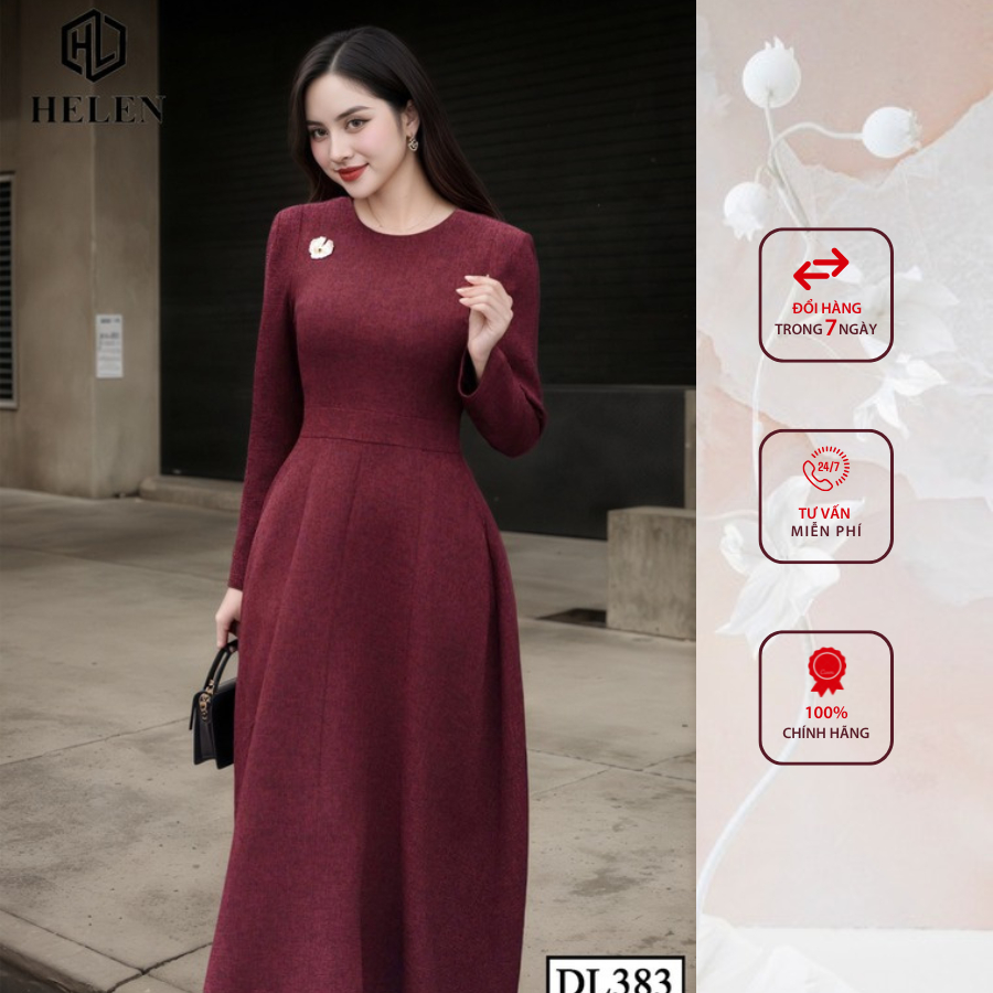 Đầm liền công sở HELEN thiết kế dáng xòe dạ đỏ cổ tròn tay dài DL383