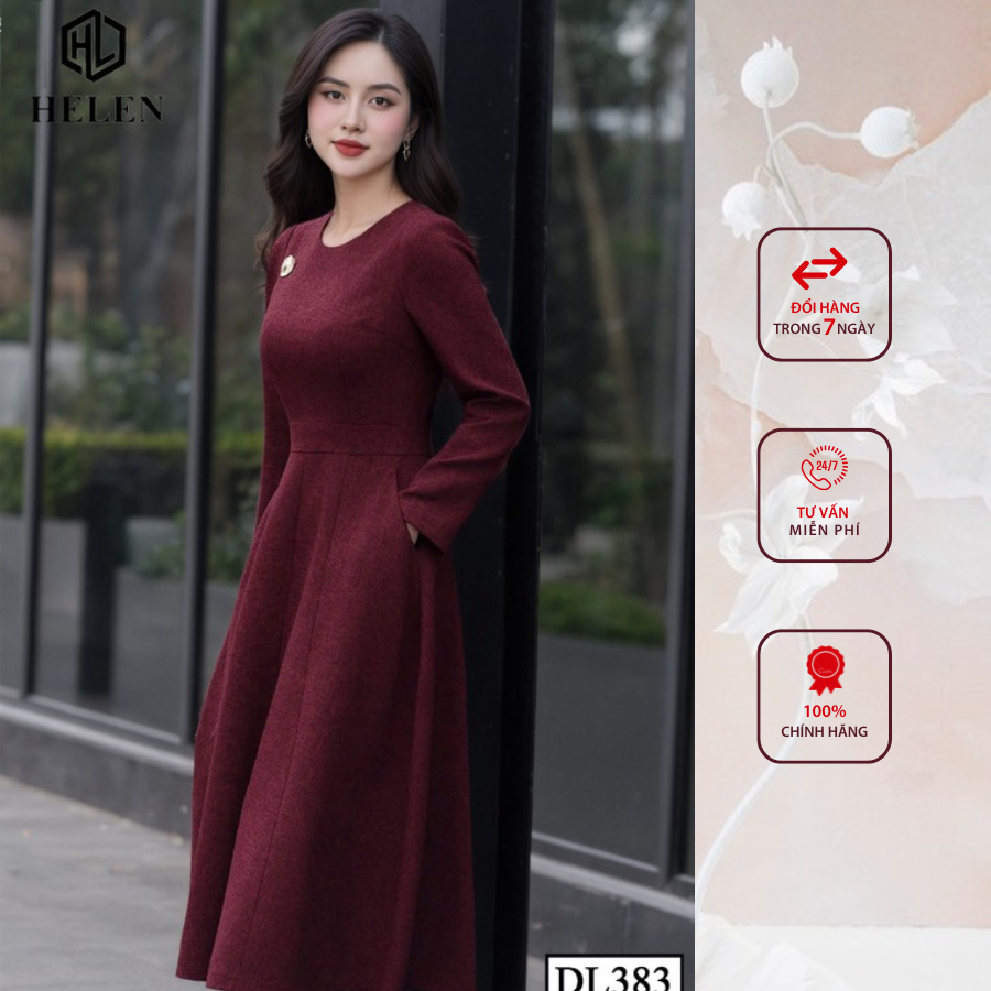 Đầm liền công sở HELEN thiết kế dáng xòe dạ đỏ cổ tròn tay dài DL383