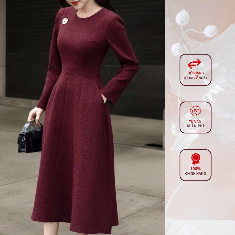 Đầm liền công sở HELEN thiết kế dáng xòe dạ đỏ cổ tròn tay dài DL383