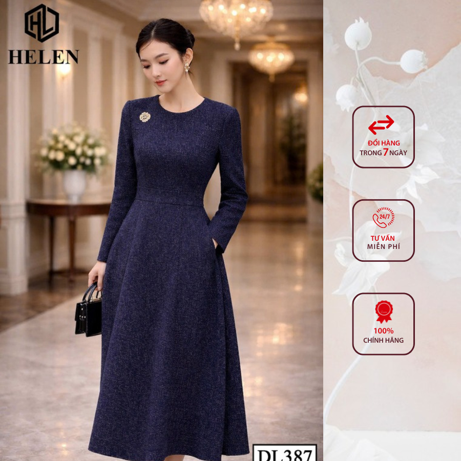 Đầm liền công sở HELEN thiết kế dáng xòe dạ đỏ cổ tròn tay dài DL383