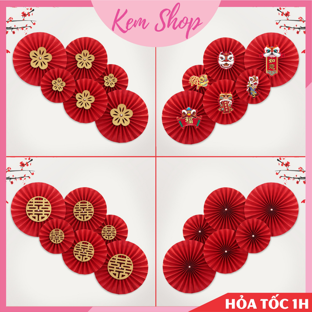 Set quạt giấy đỏ Party Fan cao cấp Kem Shop trang trí đám cưới, lễ hội, Tết năm mới - K290