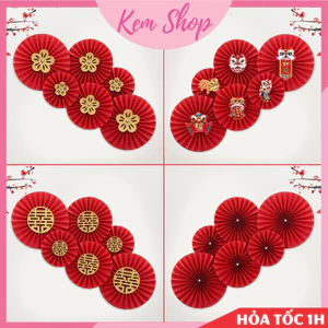 Set quạt giấy đỏ Party Fan cao cấp Kem Shop trang trí đám cưới, lễ hội, Tết năm mới - K290