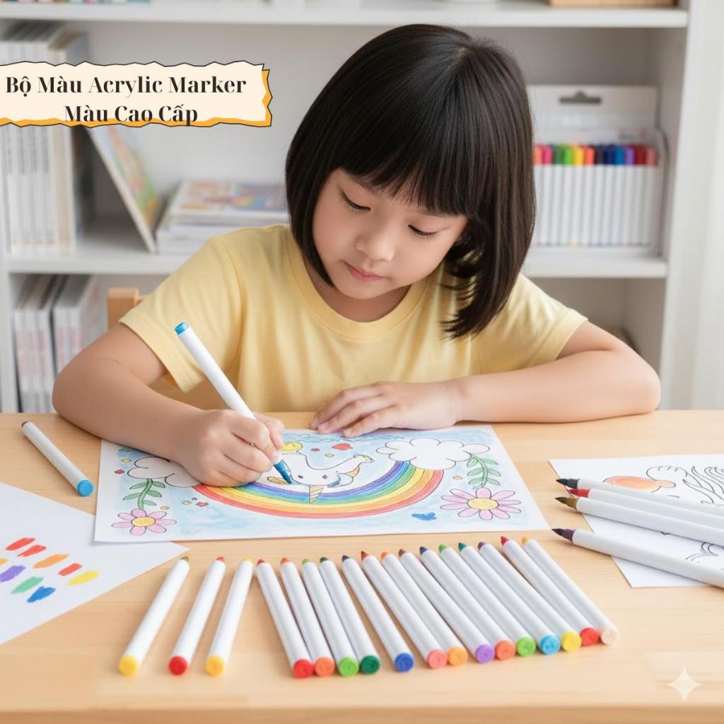 Bút Màu Acrylic Marker Cao Cấp 12/24/36/48/60 Màu - Chống Thấm Giấy, Vẽ Được Trên Mọi Chất Liệu