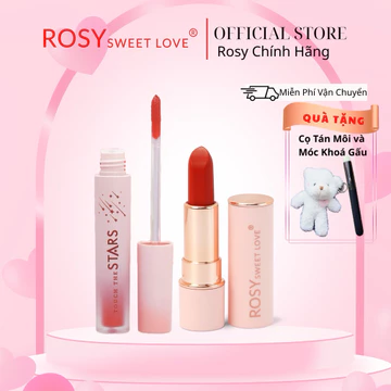 [ TẶNG 1 MÓC KHOÁ GẤU VÀ 1 CỌ ] Combo 1 son sáp và 1 son kem lì , rosy sweet love, màu son chuẩn, mềm mướt