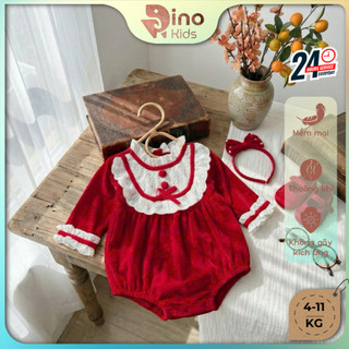 Body dài tay nhung đỏ bé gái 4-11Kg tặng kèm nơ cài tóc đáng yêu. Set body đỏ bé gái. Dino Kids