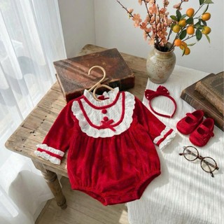 Body dài tay nhung đỏ bé gái 4-11Kg tặng kèm nơ cài tóc đáng yêu. Set body đỏ bé gái. Dino Kids