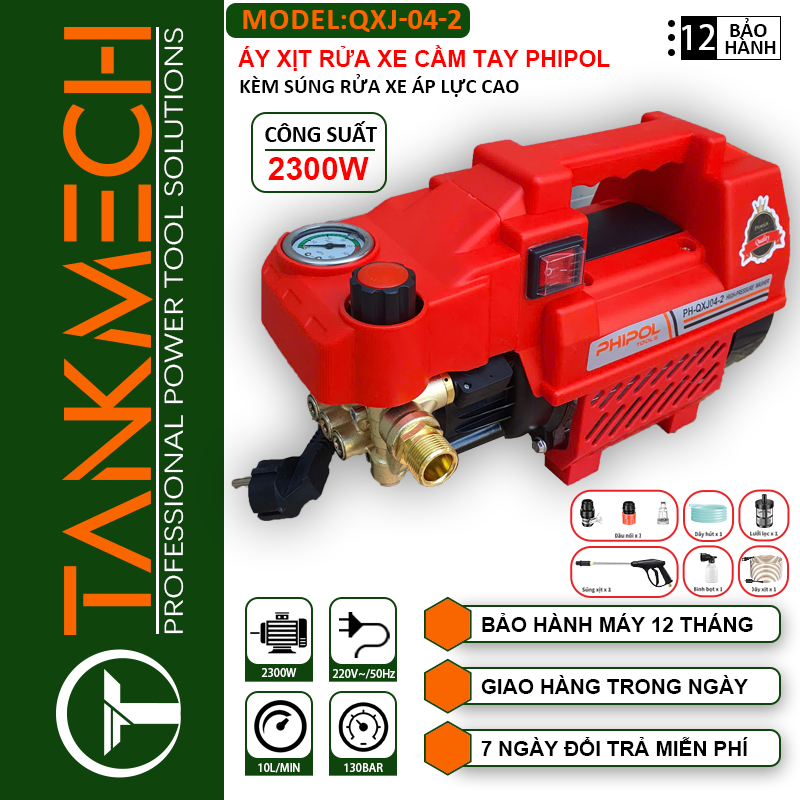 Máy rửa xe mini PHIPOL QXJ-04 Máy xịt rửa xe cao áp  2300W Có áp chống giật - Chống cháy giá rẻ