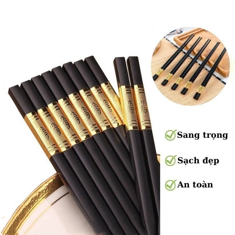 Bộ 10 Đôi Đũa Mạ Vàng, Đũa Hợp Kim Chống Mốc Hàn Quốc Đũa Ăn Chống Trơn Bền Màu Tiện Lợi