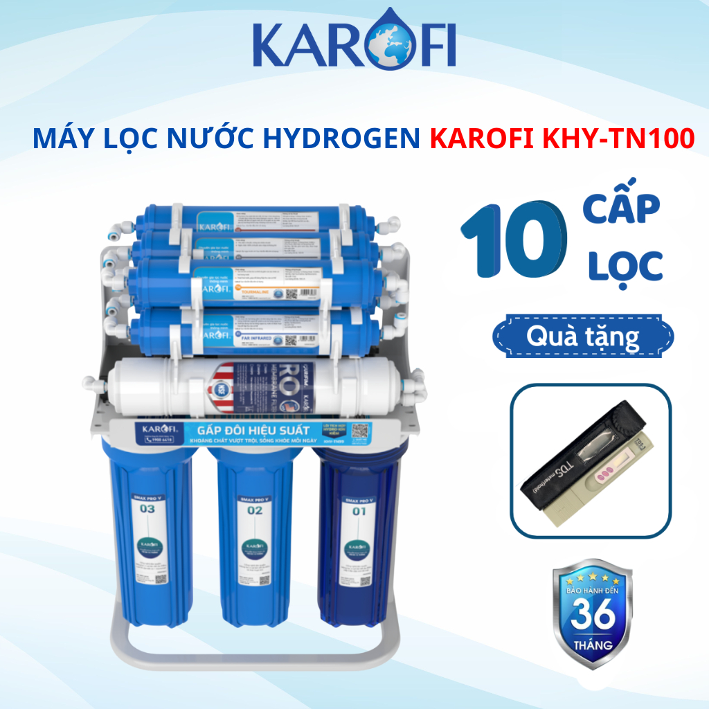 Máy Lọc Nước Karofi KHY-TN100 Gồm 10 Lõi Lọc Mới Giúp Tăng Kiềm Bảo Hành 3 Năm - Hàng Chính Hãng Tặng kèm Bút Thử Nước