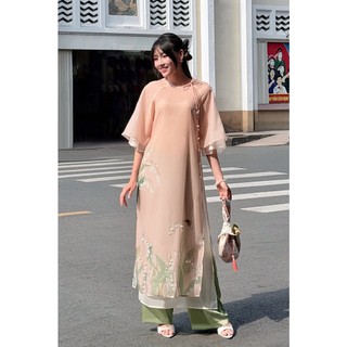 [LAMER X PHƯƠNG ANH ĐÀO] Áo Dài Cách Tân Dáng Suông (Không Quần) Tường Hoa 2 Lớp Tơ Đính Kết Thủ Công Cao Cấp S61A25Q016