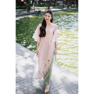 [LAMER X PHƯƠNG ANH ĐÀO] Áo Dài Cách Tân Dáng Suông (Không Quần) Tường Hoa 2 Lớp Tơ Đính Kết Thủ Công Cao Cấp S61A25Q016