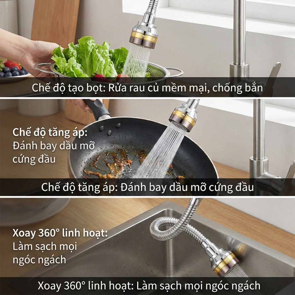 Đầu Vòi Rửa Bát Tăng Áp ĐỒNG THAU Inox 304 Cao Cấp - 3 Chế Độ Phun Cực Mạnh, Xoay 360 Độ