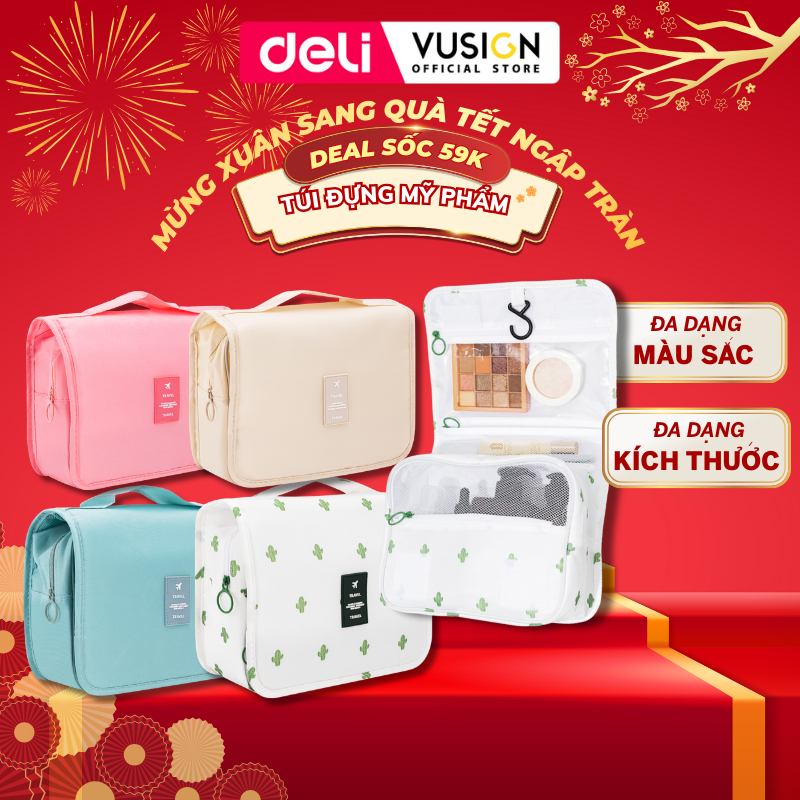 Túi đựng mỹ phẩm du lịch size to có móc treo Deli, túi đựng đồ cá nhân đồ trang điểm đa năng chống thấm nước