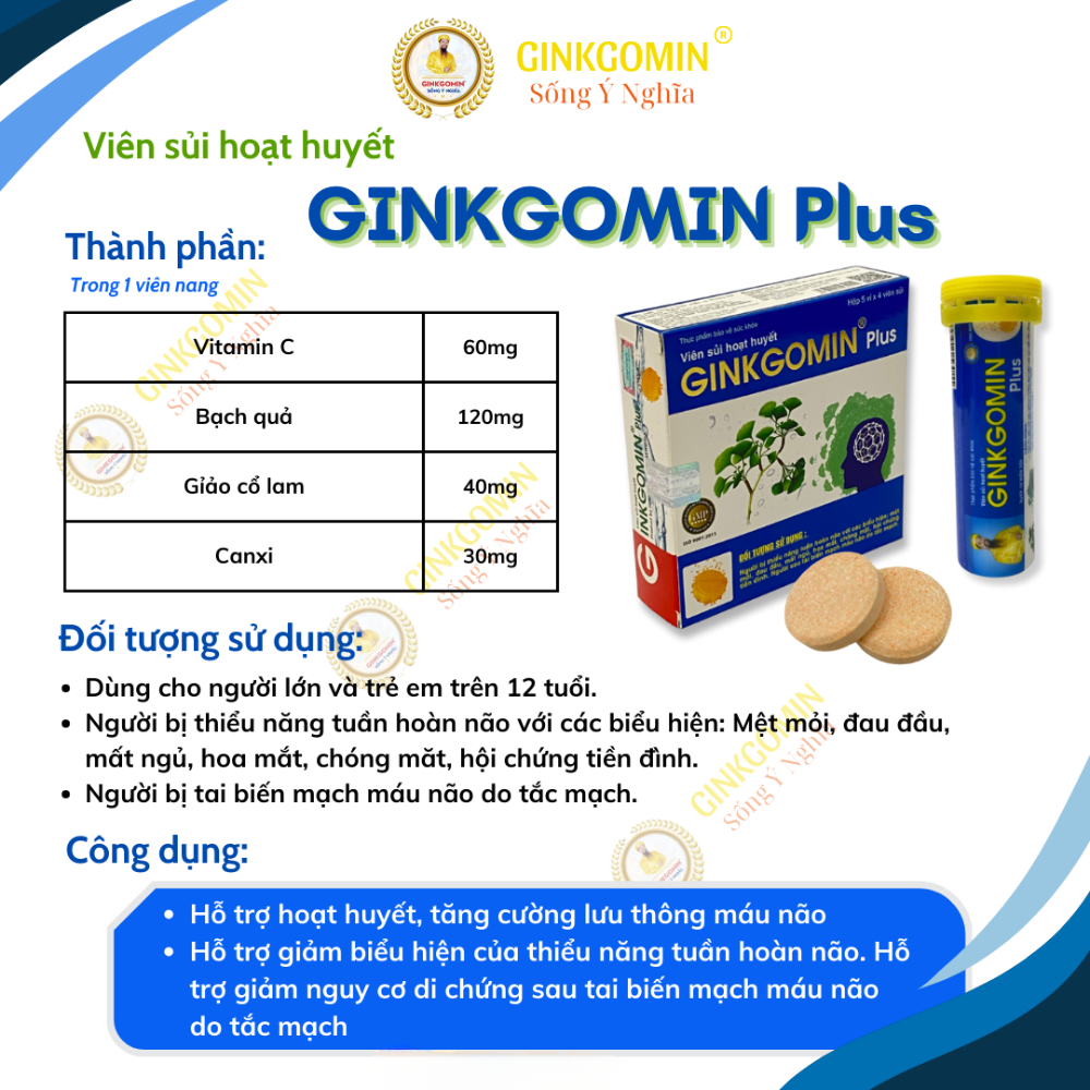 Viên Sủi hoạt huyết Ginkgomin Plus Viên Sủi Bổ Não Hỗ Trợ Hoạt Huyết Lưu Thông Máu G06, G07