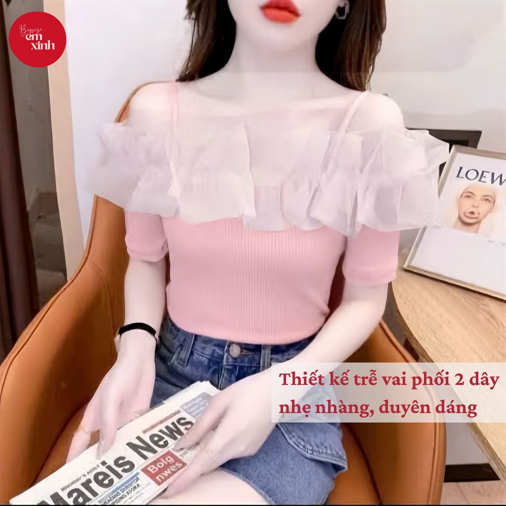 Áo trễ vai hai dây phối cổ Kiểu Xếp Ly chất thun tăm lạnh Thời Trang 50-90KG-BS082- Em Xinh Bigsize