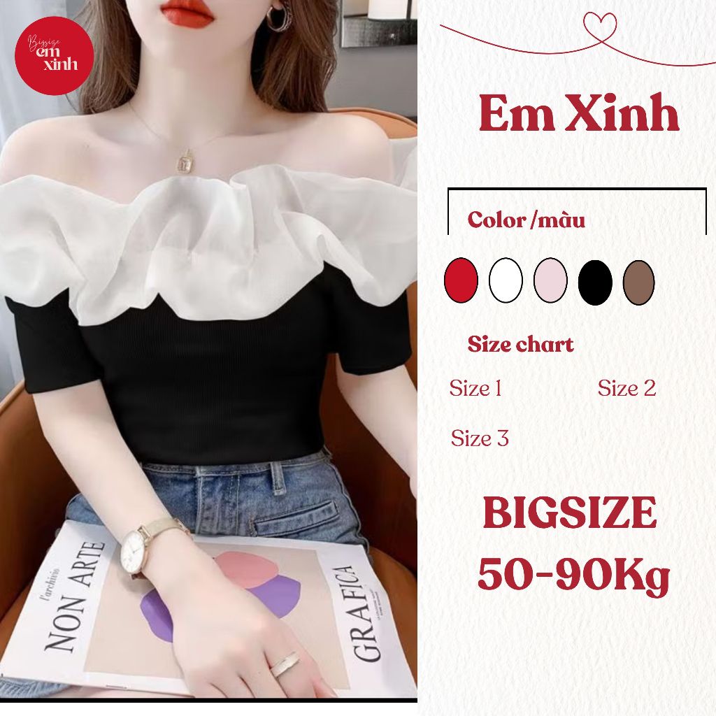 Áo trễ vai hai dây phối cổ Kiểu Xếp Ly chất thun tăm lạnh Thời Trang 50-90KG-BS082- Em Xinh Bigsize