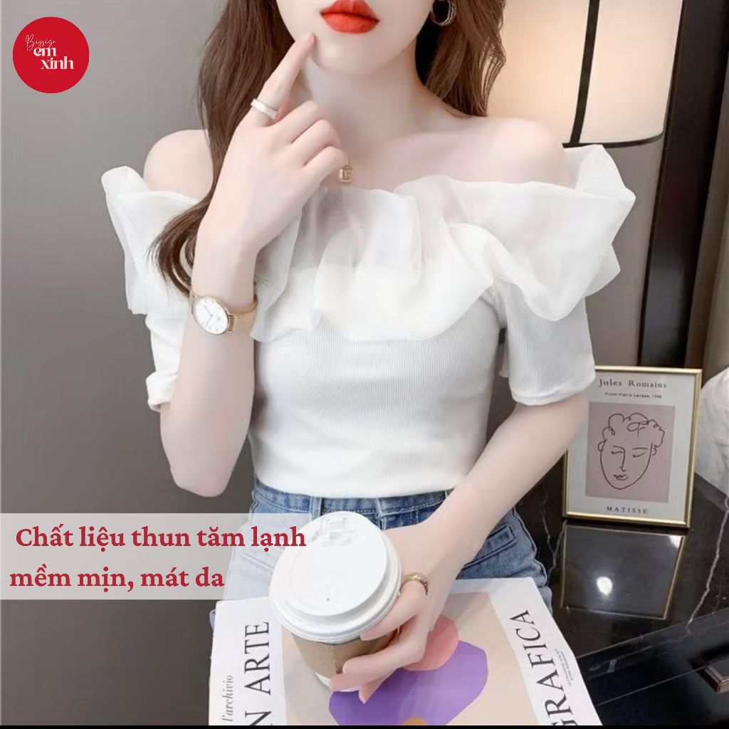 Áo trễ vai hai dây phối cổ Kiểu Xếp Ly chất thun tăm lạnh Thời Trang 50-90KG-BS082- Em Xinh Bigsize