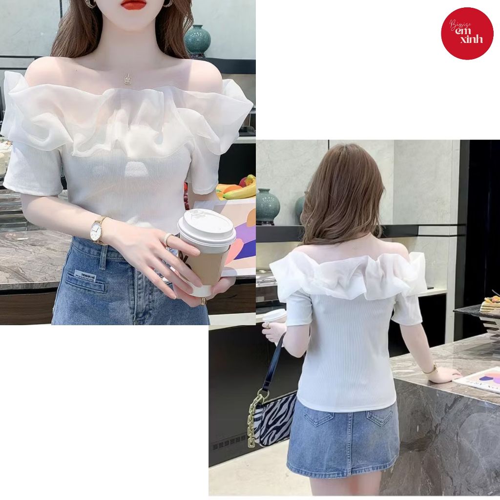 Áo trễ vai hai dây phối cổ Kiểu Xếp Ly chất thun tăm lạnh Thời Trang 50-90KG-BS082- Em Xinh Bigsize