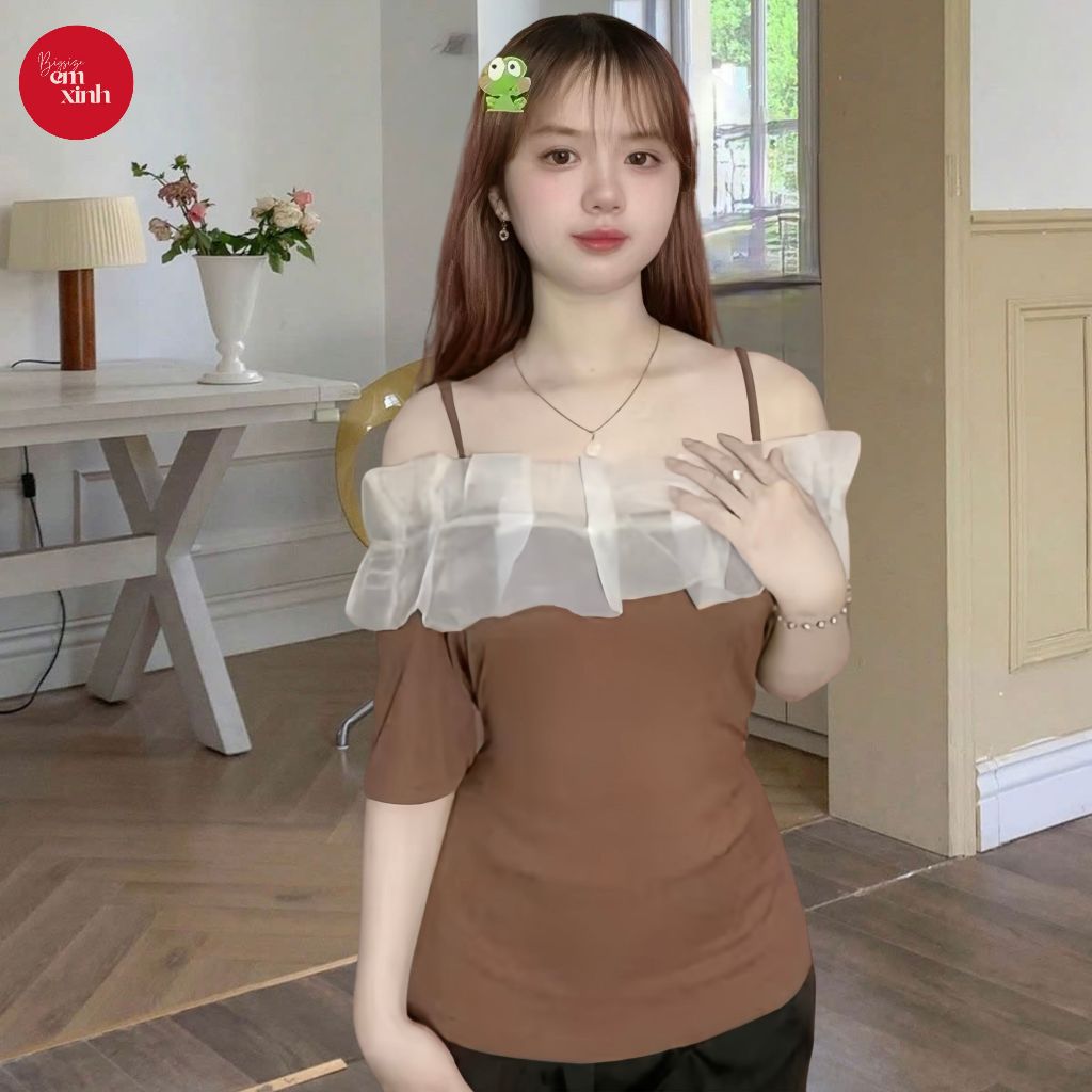 Áo trễ vai hai dây phối cổ Kiểu Xếp Ly chất thun tăm lạnh Thời Trang 50-90KG-BS082- Em Xinh Bigsize