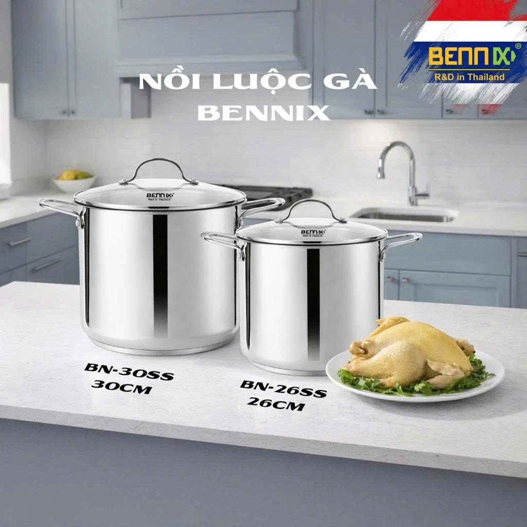 [Hoả Tốc] Nồi luộc gà inox 5 đáy size 26cm-30cm BENNIX BN-26SS/ BN-30SS