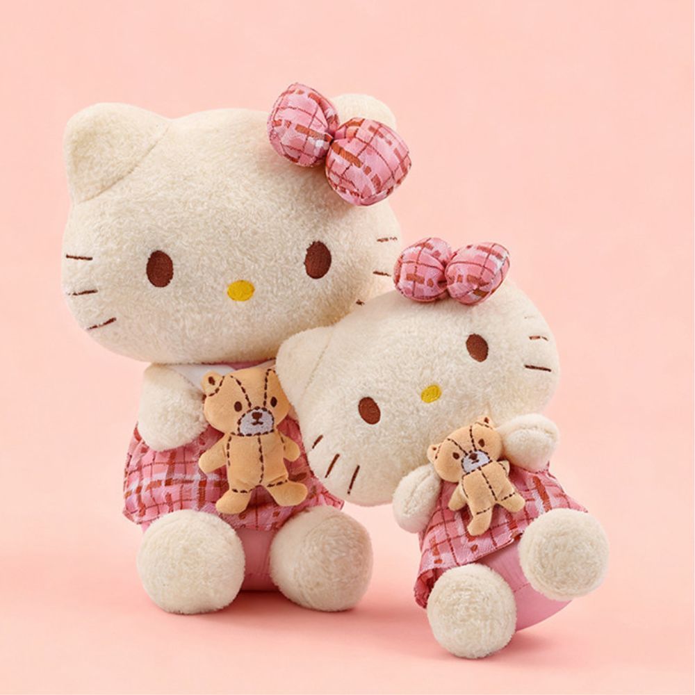Gấu Bông Hello Kitty Ôm Gấu Teddy Đáng Yêu, Thú Nhồi Bông Helo Kitty Váy Caro Hồng Làm Quà Tặng Cho Bé Và Bạn Gái