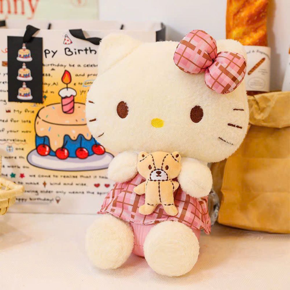 Gấu Bông Hello Kitty Ôm Gấu Teddy Đáng Yêu, Thú Nhồi Bông Helo Kitty Váy Caro Hồng Làm Quà Tặng Cho Bé Và Bạn Gái