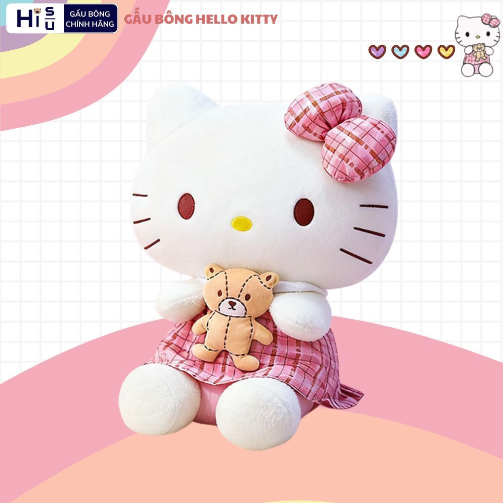Gấu Bông Hello Kitty Ôm Gấu Teddy Đáng Yêu, Thú Nhồi Bông Helo Kitty Váy Caro Hồng Làm Quà Tặng Cho Bé Và Bạn Gái