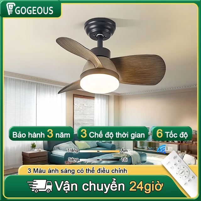 Quạt Trần phòng khách GOGEOUS 3 cánh quạt trần đèn 3 màu LED ánh sáng ĐỘNG CƠ DC đảo chiều có remote
