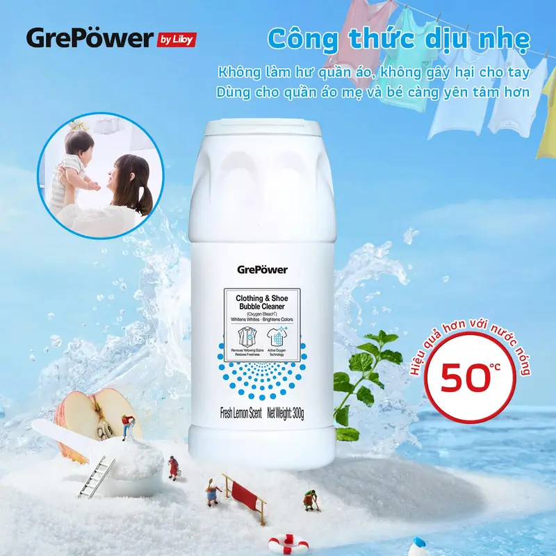 Bột Giặt Đa Năng Dạng Bột - TẨY VẾT BẨN CỨNG ĐẦU Trên Quần Áo & Giày Trắng, Công Thức Muối Biển & Enzyme, Làm Sạch Sâu &