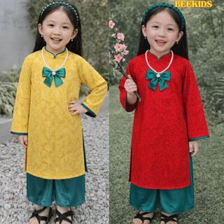 Áo Dài Cho Bé Gái Mặc Tết  Nơ To Cổ Tim, Áo Dài Gấm + Quần Lụa  Hàng Cao Cấp DA06 - Beekids