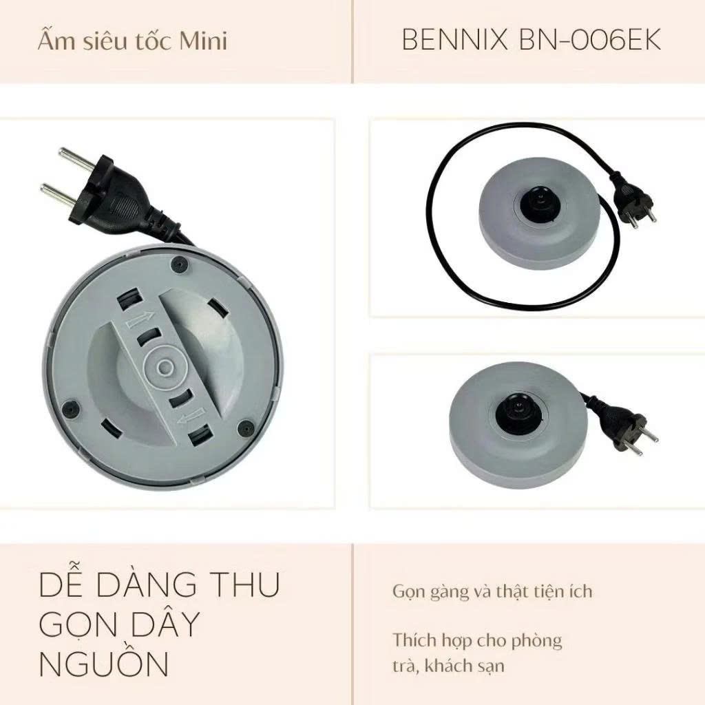 Ấm đun siêu tốc mini 2 lớp BENNIX, inox cao cấp, sôi nhanh (BN-006EK)