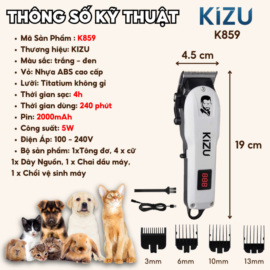 Tăng Đơ Cắt Tỉa Lông Cho Chó Mèo Kizu 859, Máy Cạo Lông Thú Cưng Êm Ái Không Ồn Không Giật Mình
