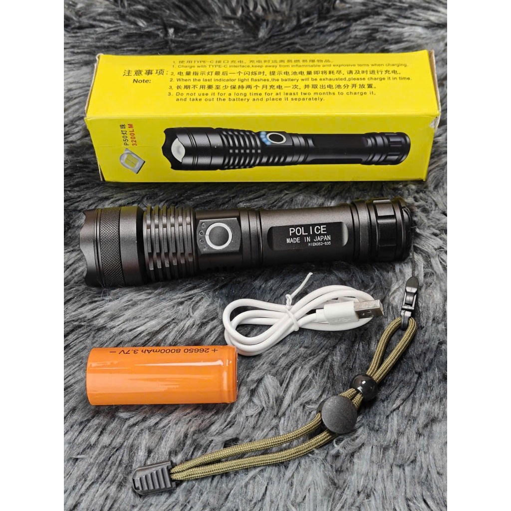 Đèn Pin Cầm Tay S35 Japan 5 Chế Độ Sáng Zoom Gần Xa 3200Lm Kèm Pin 26650 8000Mah 3.7V Cao Cấp (Hộp Vàng)
