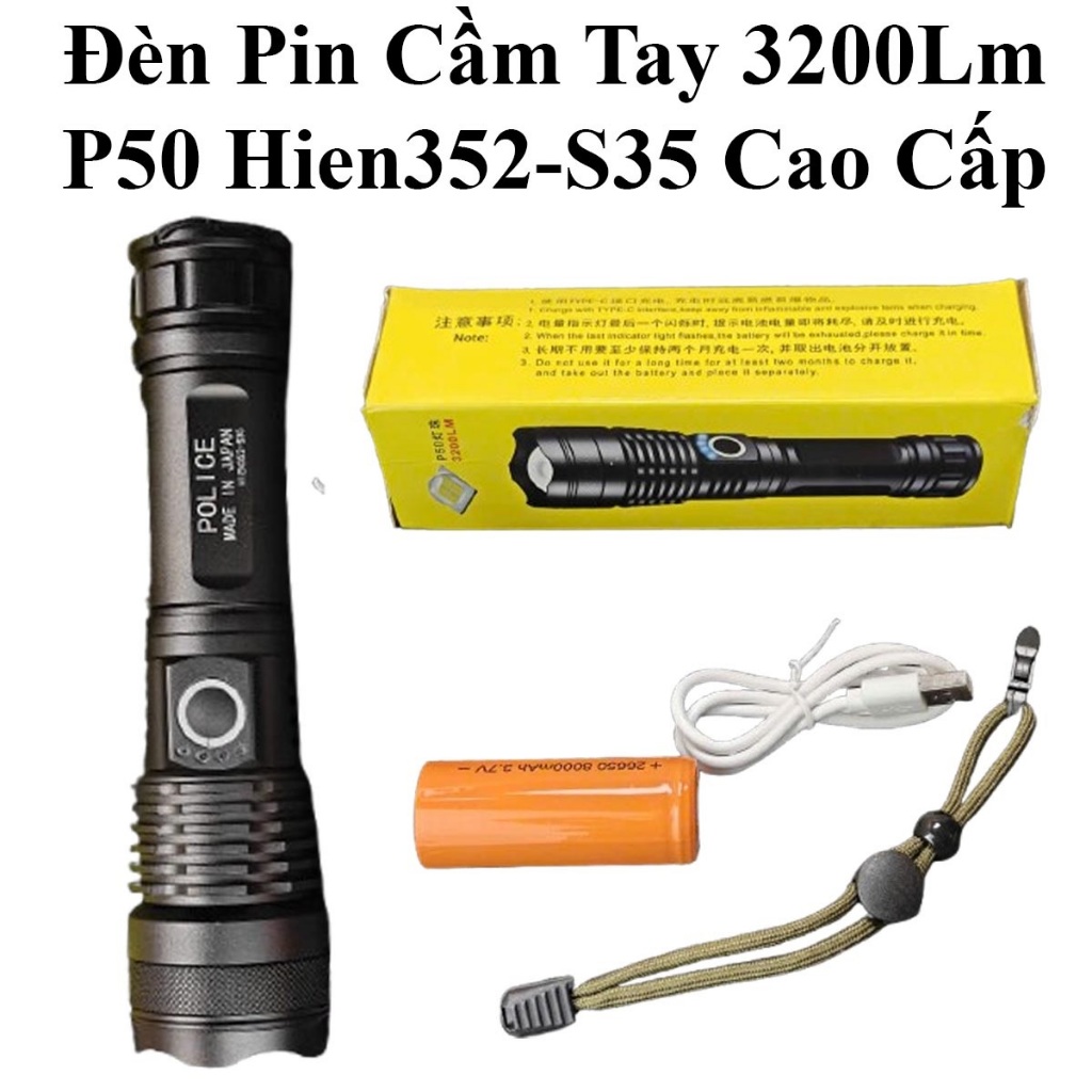 Đèn Pin Cầm Tay S35 Japan 5 Chế Độ Sáng Zoom Gần Xa 3200Lm Kèm Pin 26650 8000Mah 3.7V Cao Cấp (Hộp Vàng)