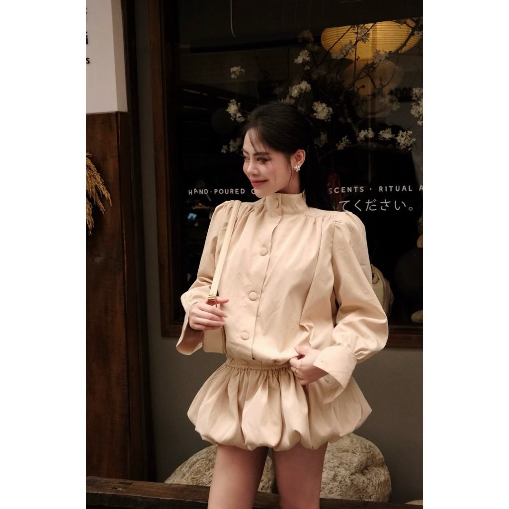 [ TY CLOTHING ] Váy Gió Cổ Lọ Cúc Bọc Màu Be - Hàng Thiết Kế -  TY CLOTHING