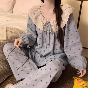 Bộ đồ ngủ ren caro nơ cho nữ xuân thu áo cardigan cổ bẻ bông mây dài tay bộ đồ mặc nhà ngọt ngào