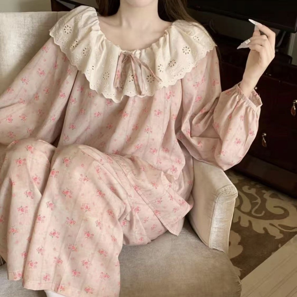 [Oder] Bộ đồ ngủ ren caro nơ cho nữ xuân thu áo cardigan cổ bẻ bông mây dài tay bộ đồ mặc nhà ngọt ngào