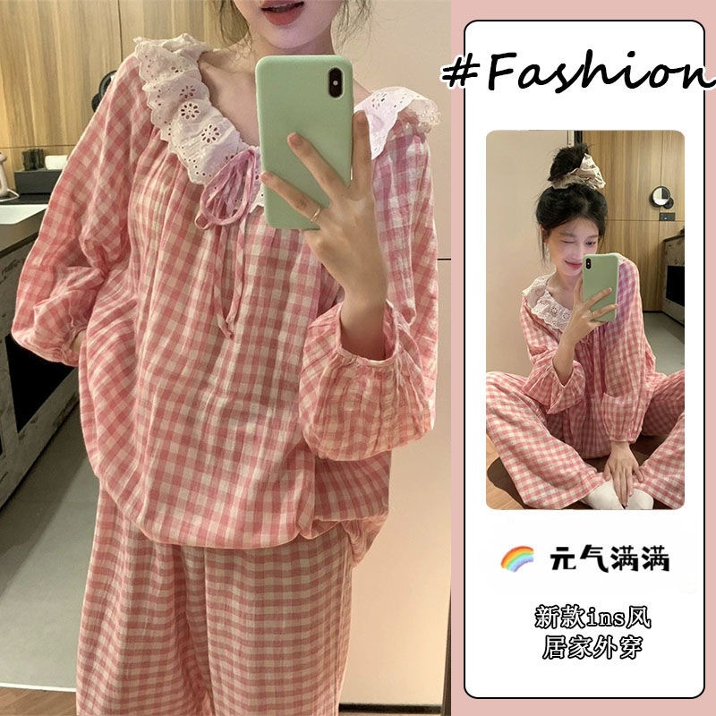 [Oder] Bộ đồ ngủ ren caro nơ cho nữ xuân thu áo cardigan cổ bẻ bông mây dài tay bộ đồ mặc nhà ngọt ngào