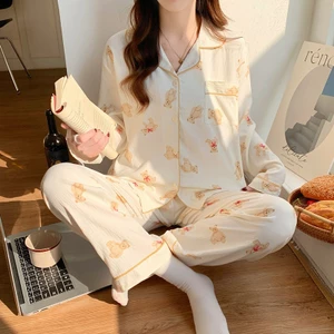 Bộ đồ ngủ cotton đũi hoạt hình cho nữ áo cổ bẻ bông mây dài tay bộ đồ mặc nhà ngọt