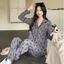 Bộ đồ ngủ cotton đũi hoạt hình cho nữ áo cổ bẻ bông mây dài tay bộ đồ mặc nhà ngọt