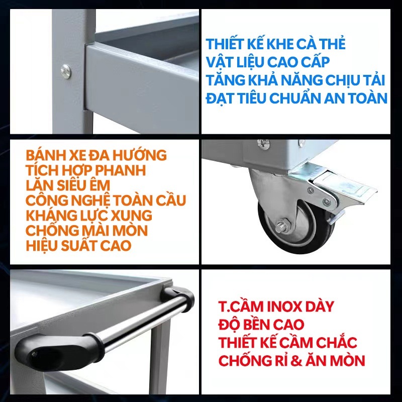 Xe Đẩy Dụng Cụ Đồ Nghề 3 Tầng Sơn Tĩnh Điện, Bánh Xe Xoay 360 Độ Có Khóa tải trọng 100kg