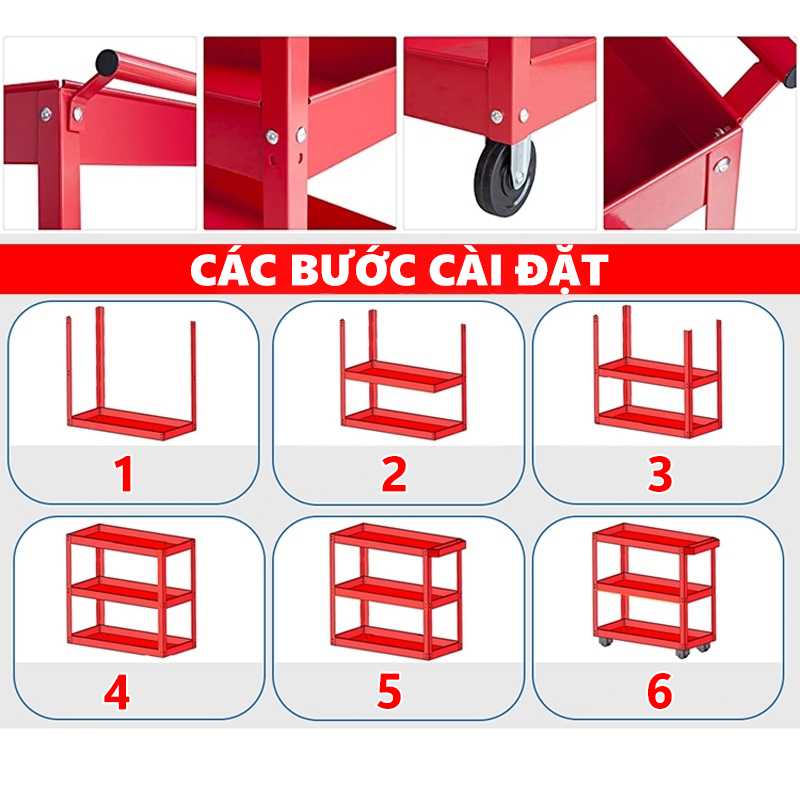 Xe Đẩy Dụng Cụ Đồ Nghề 3 Tầng Sơn Tĩnh Điện, Bánh Xe Xoay 360 Độ Có Khóa tải trọng 100kg