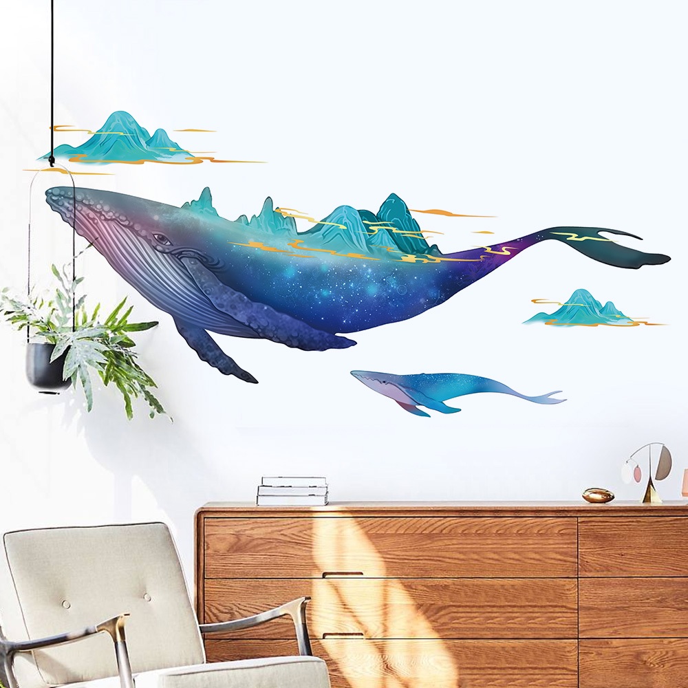 Decal Dán Tường Cá Voi Xanh Phong Cảnh Núi Non Có Keo Sẵn 144x68cm - Trang Trí Phòng Khách