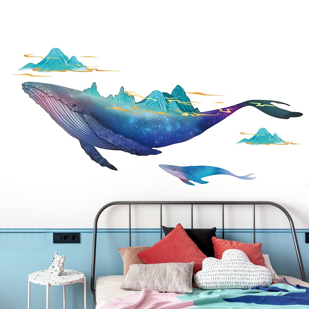 Decal Dán Tường Cá Voi Xanh Phong Cảnh Núi Non Có Keo Sẵn 144x68cm - Trang Trí Phòng Khách
