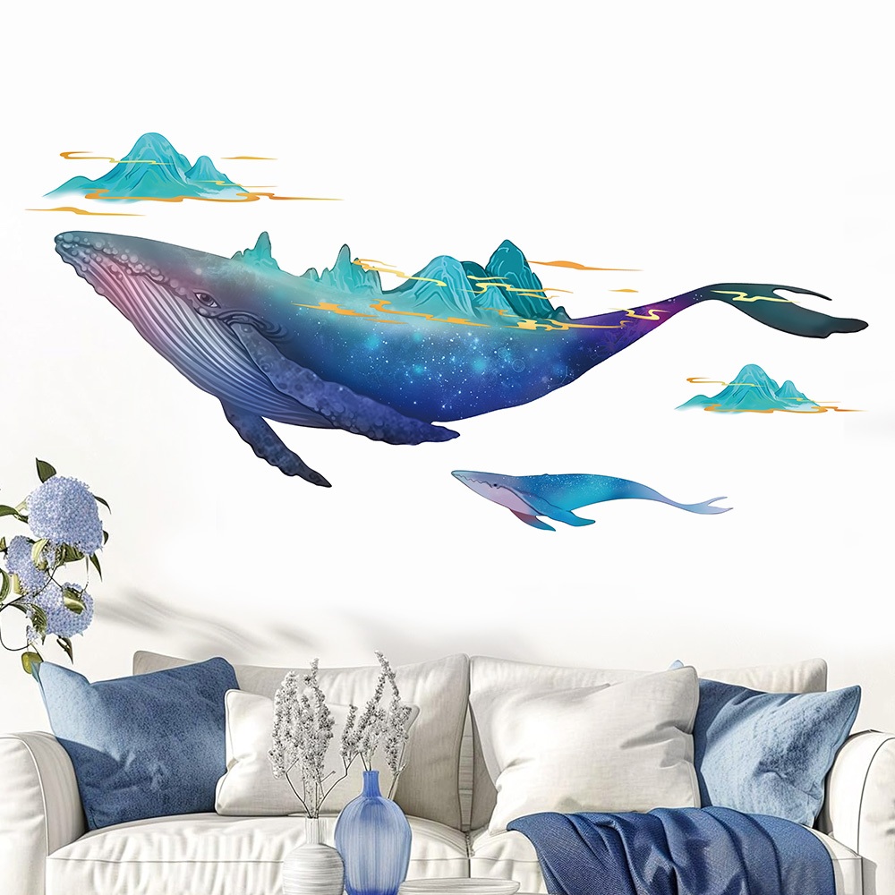Decal Dán Tường Cá Voi Xanh Phong Cảnh Núi Non Có Keo Sẵn 144x68cm - Trang Trí Phòng Khách