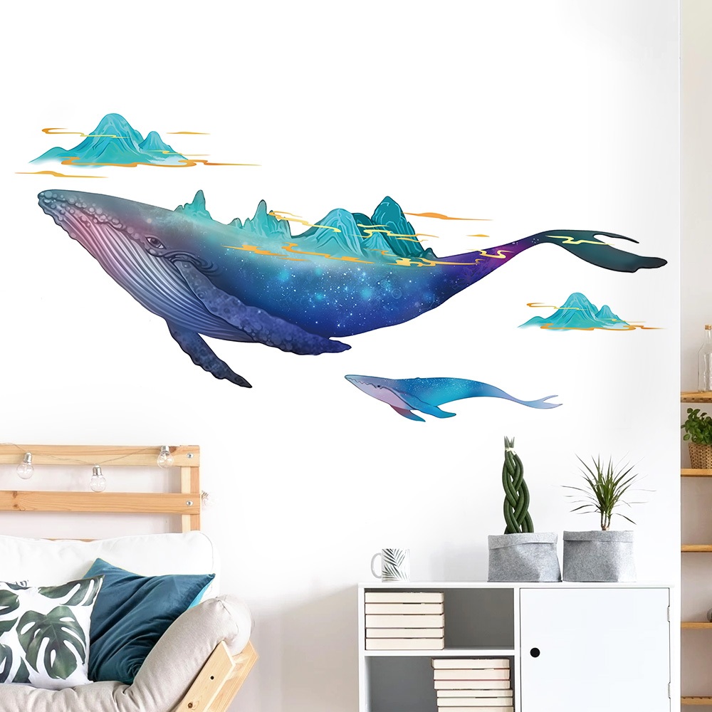 Decal Dán Tường Cá Voi Xanh Phong Cảnh Núi Non Có Keo Sẵn 144x68cm - Trang Trí Phòng Khách