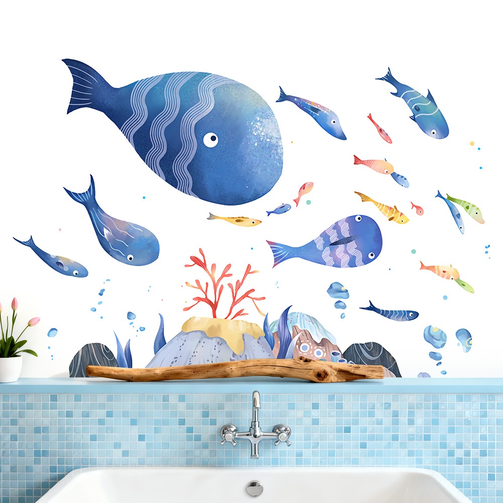 Decal Dán Tường Chủ Đề Cá Và Đại Dương Có Keo Sẵn 128x85cm - Trang Trí Phòng Ngủ, Khu Vui Chơi